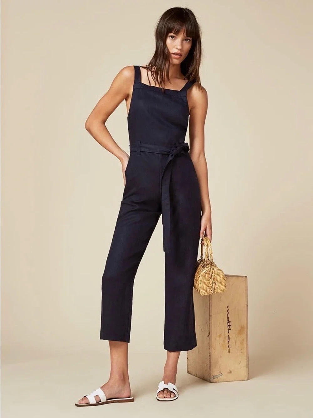 Reformation Black Linen Lunna Jumpsuit Overalls